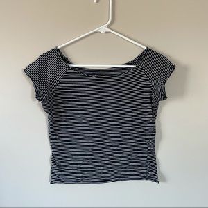 Navy Blue Off the Shoulder Striped Tee